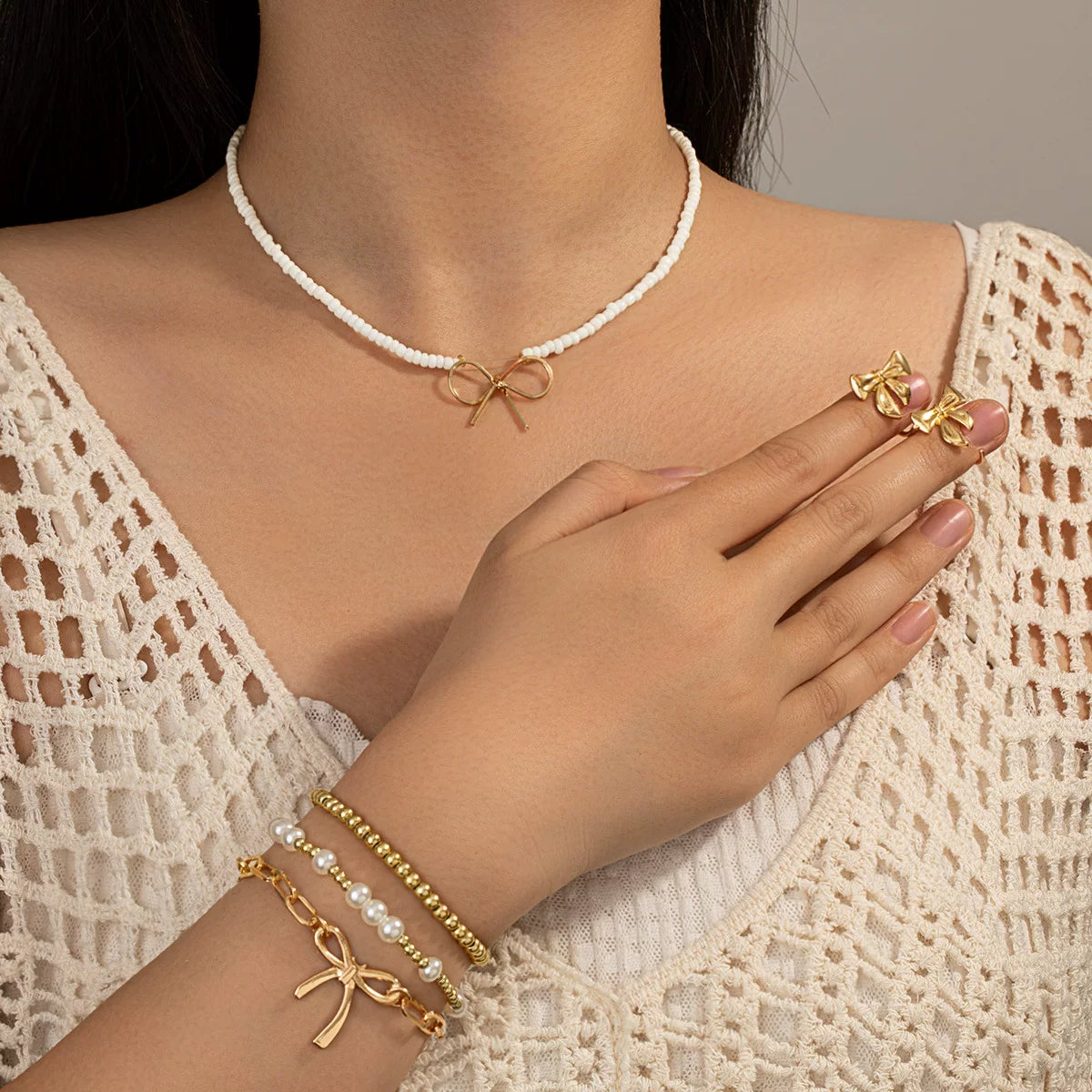 Pearl Glossy Bow Series Cold Style Jewelry Set | KC Gold Multi-material | Old Money Exquisite Niche | Light Luxury gift for her