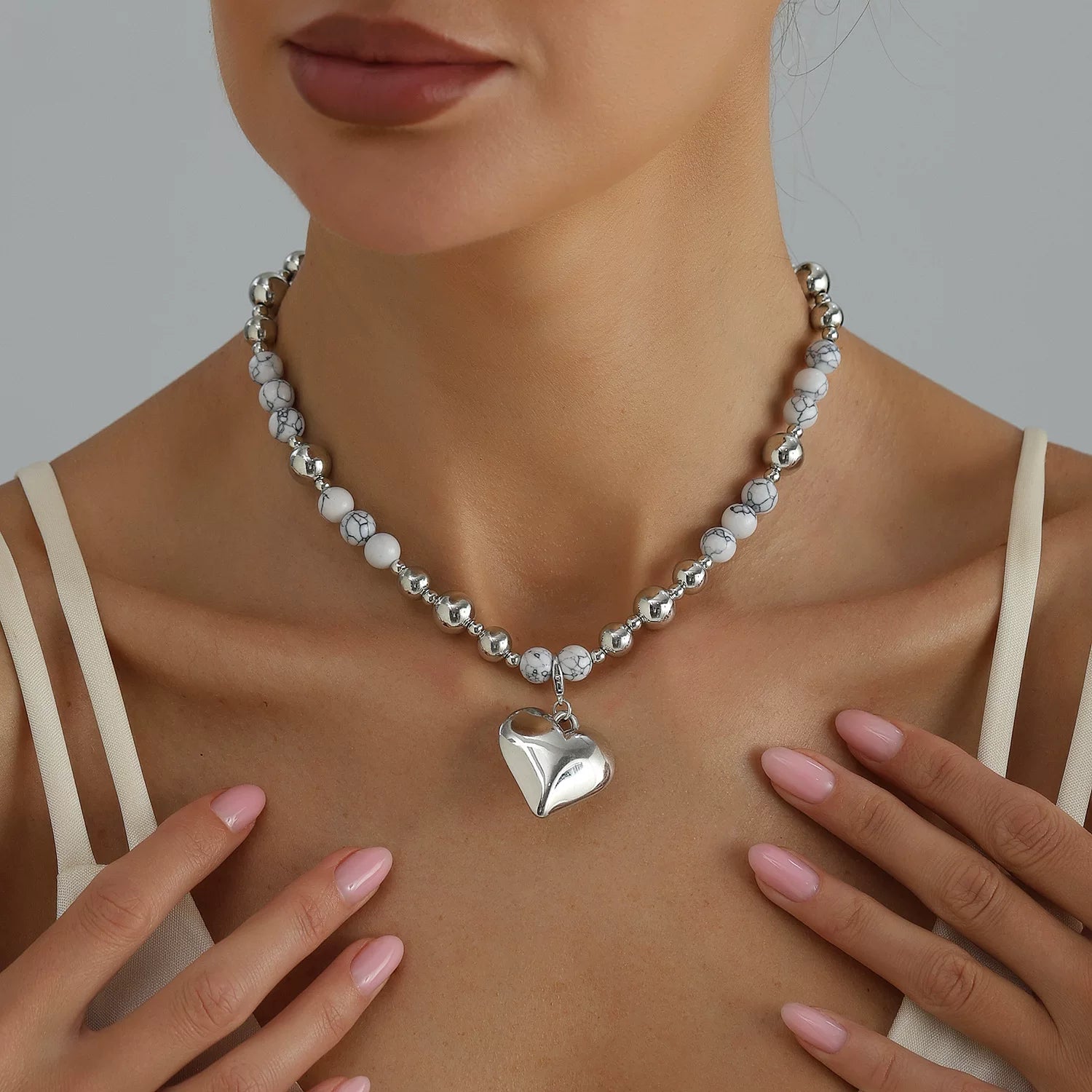 Stacked metal natural turquoise mixed and matched beaded alloy love necklace cold light luxury daily versatile necklace