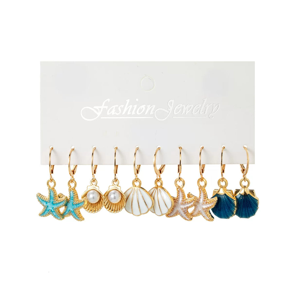 Ocean Starfish Shell Scallop Pearl Earrings Pendant Multi-piece Set | Alloy | Coastal Beach Vacation | Holiday Fashion Women