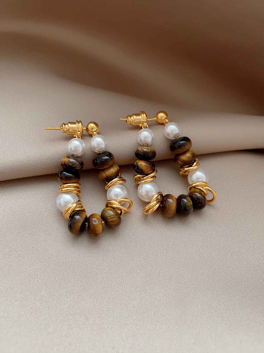 ZAMA DUMA Maillard Tiger's eye stone beaded pearl stud earrings retro temperament high-end earrings light luxury niche daily earrings women