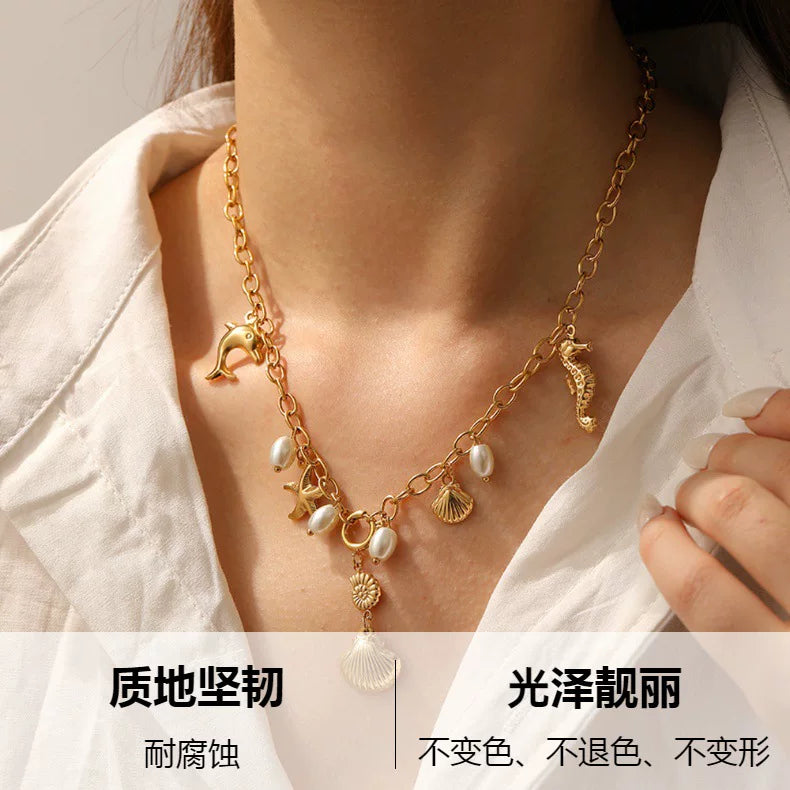 Ocean Gold Starfish Seahorse Shell Design Necklace | French chic |Stainless Steel Tarnish Free Chain | Coastal Niche | Waterproof necklace | Stackable Beach Vacation Summer