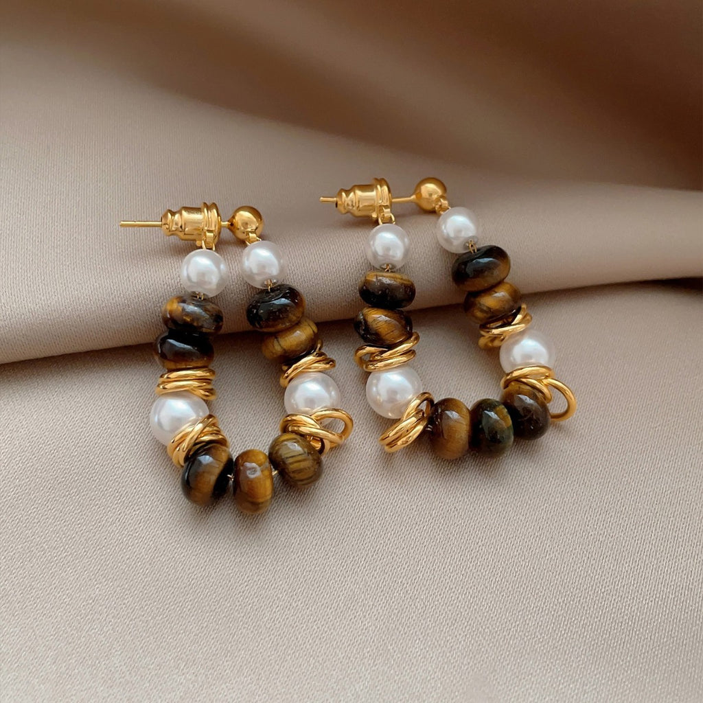 ZAMA DUMA Maillard Tiger's eye stone beaded pearl stud earrings retro temperament high-end earrings light luxury niche daily earrings women