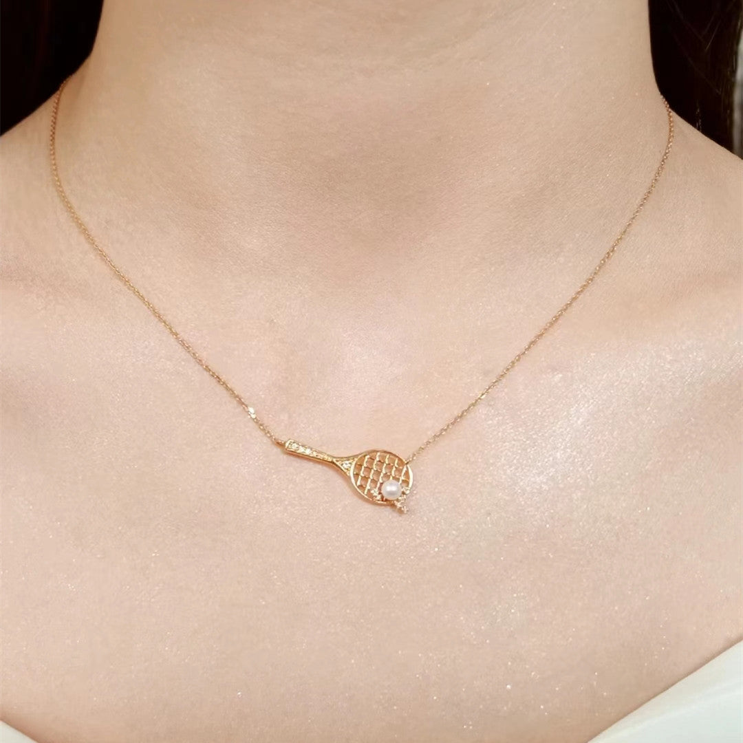 ZAMA DUMA Tennis Racket Necklace Pearl Pendant Sports Girl Versatile Delicate Clavicle Chain Personality Design High Sense Fashion