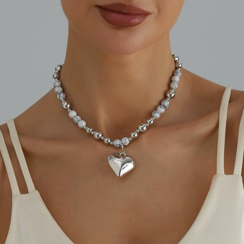 Stacked metal natural turquoise mixed and matched beaded alloy love necklace cold light luxury daily versatile necklace