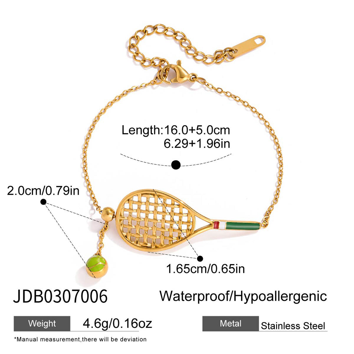 ZAMA DUMA quiet design sportswear 18K gold stainless steel color drip tennis racket pendant stainless steel bracelet jewelry