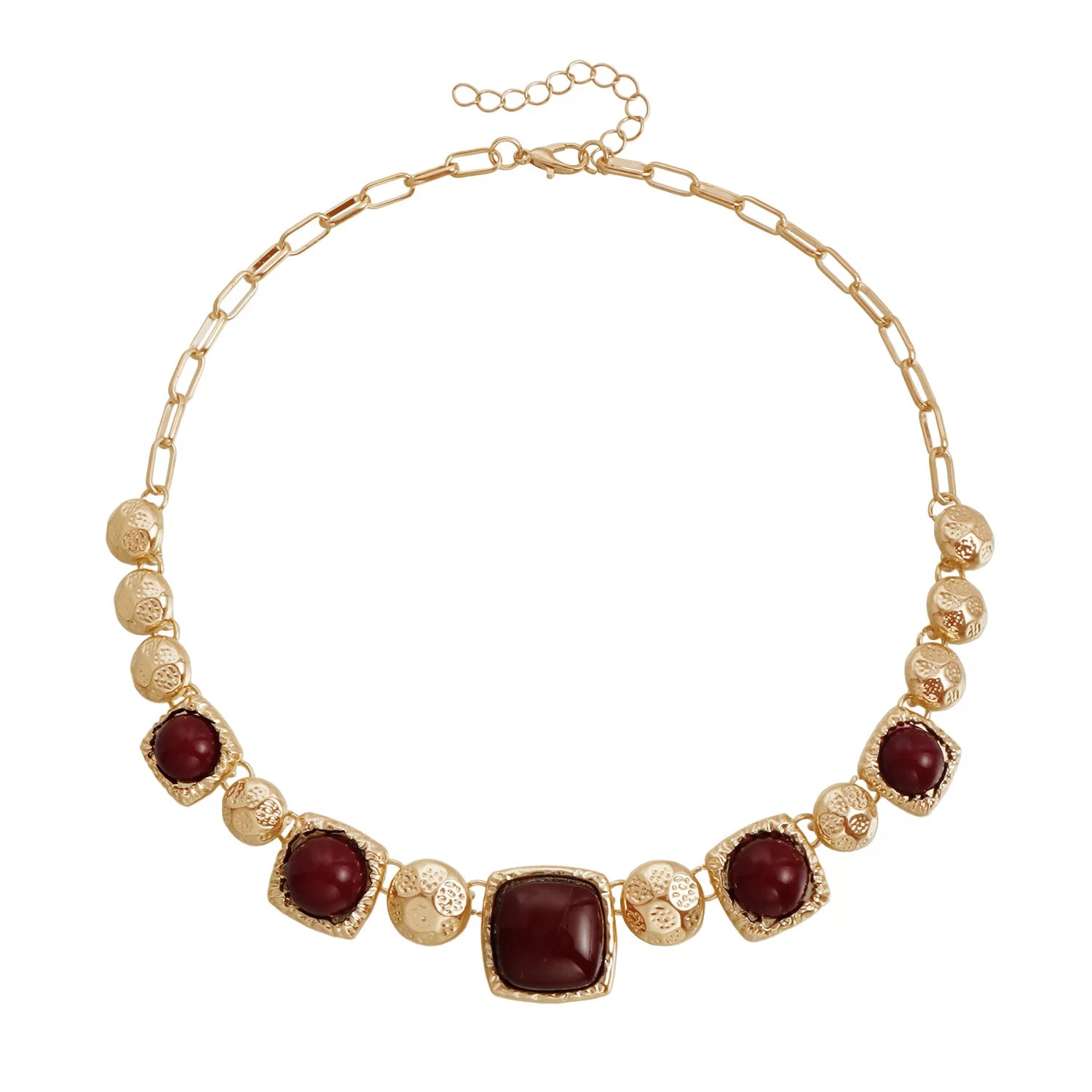 Medieval vintage dark hue bump gold metal multi element polished gold metal faceted colored gemstone geometric square panel necklace light luxury collarbone chain