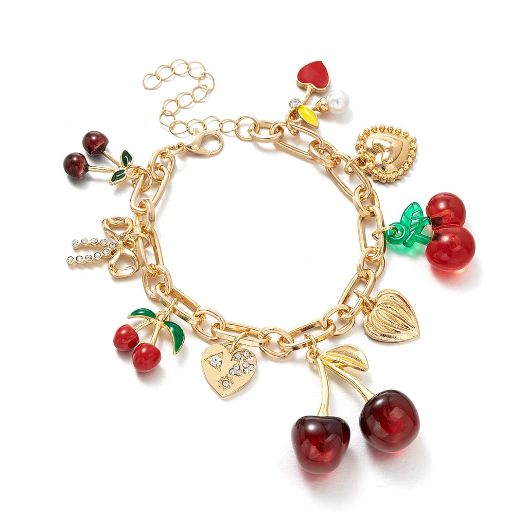 Mixed Elements Cherry Heart multi Pendant Bracelet Necklace Set | Alloy mix pearl | Raw Dopamine| Multi-material | Versatile Women