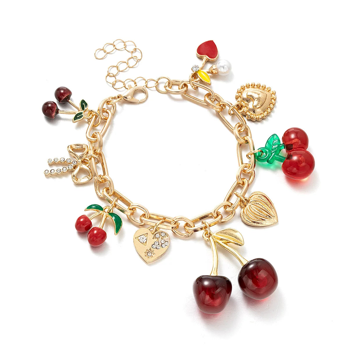 Mixed Elements Cherry Heart multi Pendant Bracelet Necklace Set | Alloy mix pearl | Raw Dopamine| Multi-material | Versatile Women