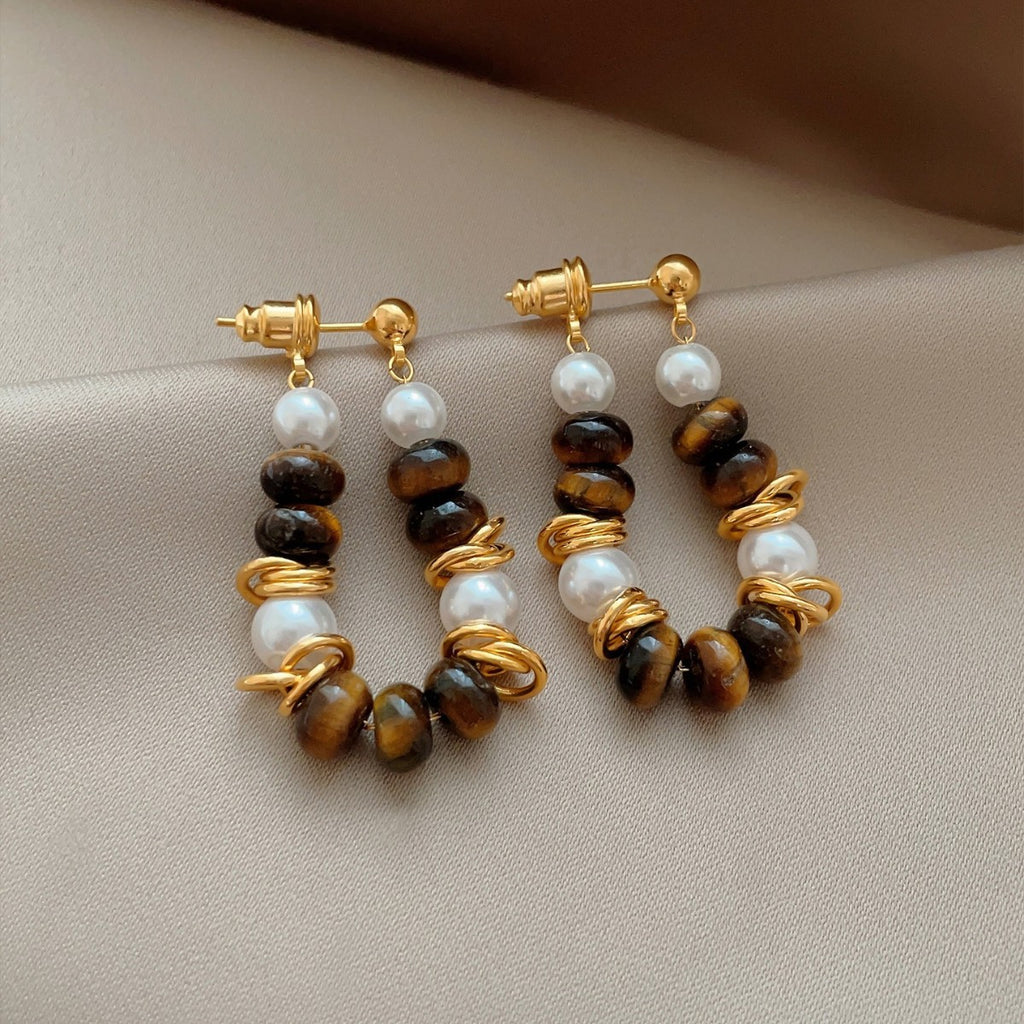 ZAMA DUMA Maillard Tiger's eye stone beaded pearl stud earrings retro temperament high-end earrings light luxury niche daily earrings women