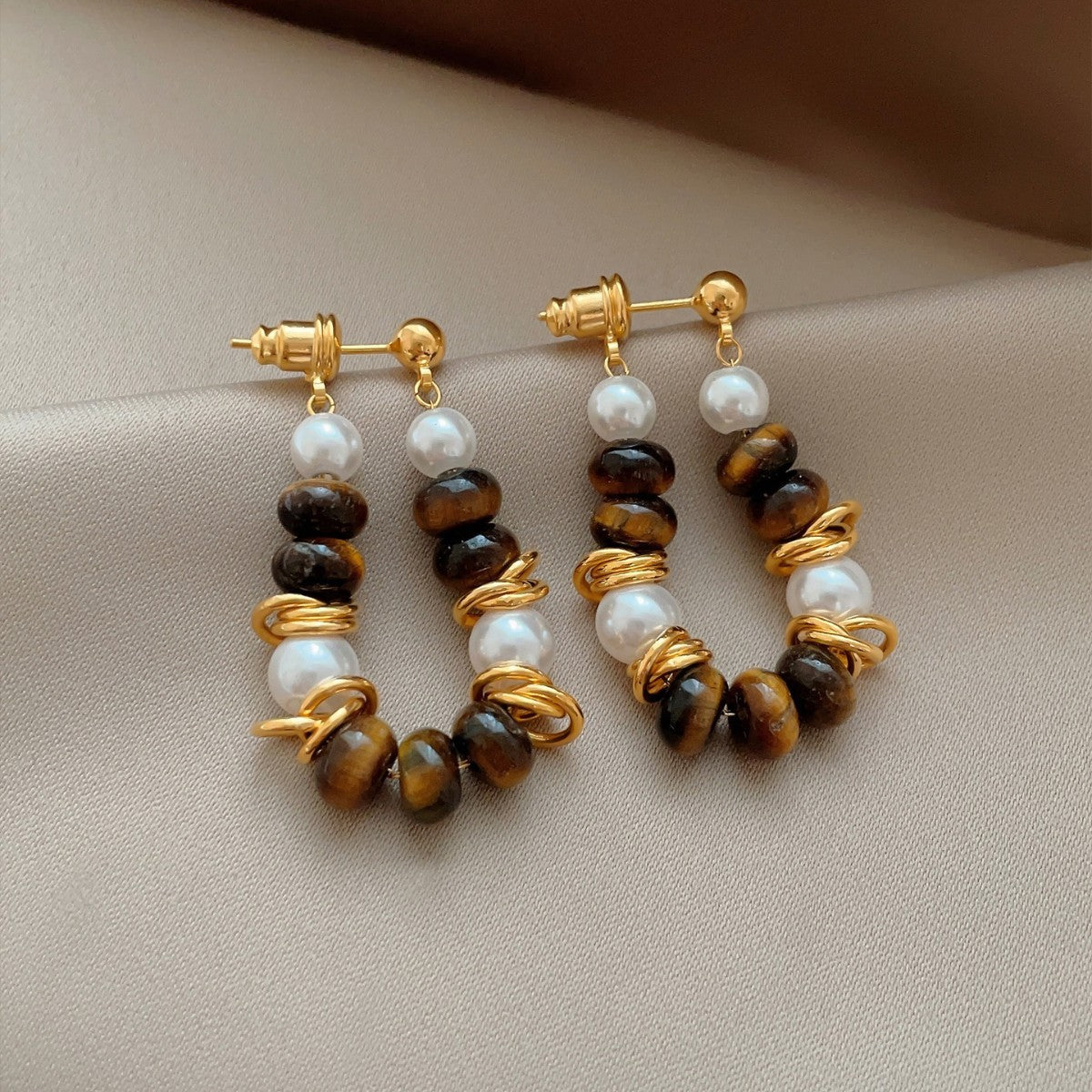 ZAMA DUMA Maillard Tiger's eye stone beaded pearl stud earrings retro temperament high-end earrings light luxury niche daily earrings women